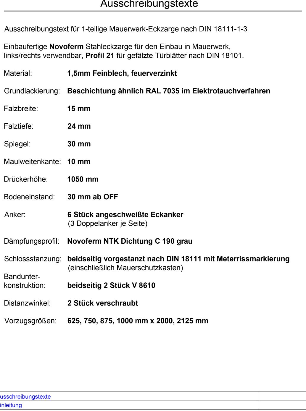 Eckzarge Ausschreibungstexte