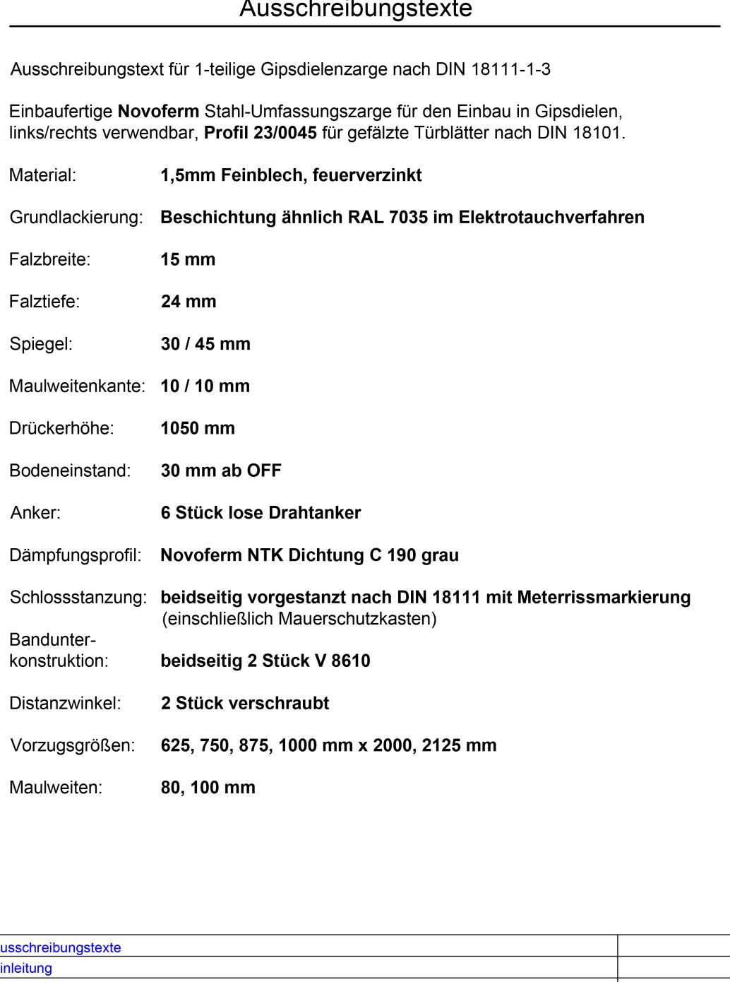 Gipsdielenzarge Ausschreibungstexte