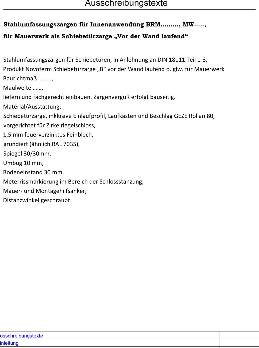 Schiebetuerzarge v.d. Wand laufend Ausschreibungstexte