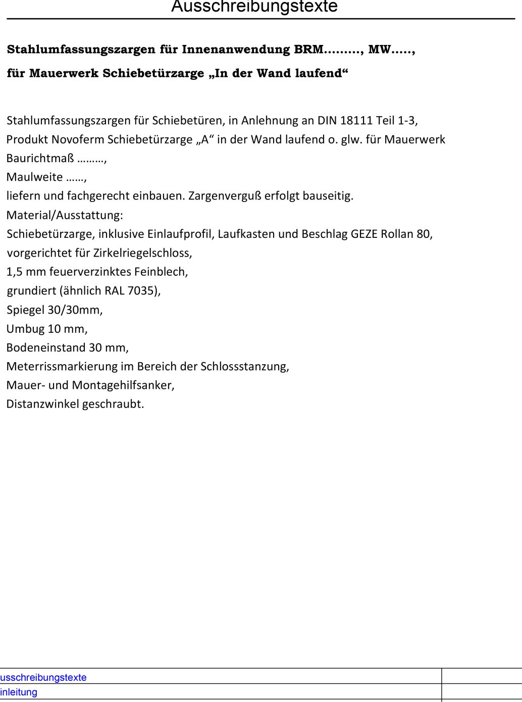 Schiebetuerzarge i.d. Wand laufend Ausschreibungstexte