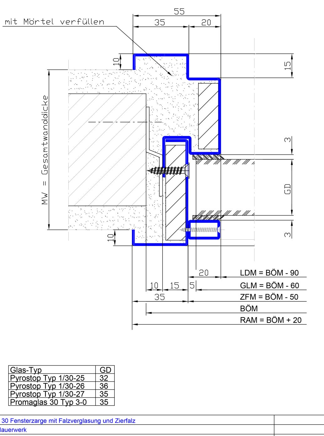2-teilig Falzverglasung Zierfalz